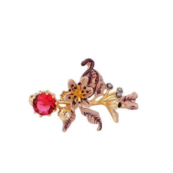 Les Nereides Vegetation Doree Foliage Clematis & Red Crystal Stone Brooch